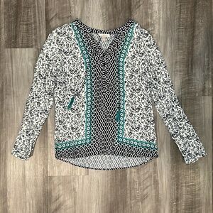 Roz & Ali Quarter Button Tassel Tie Rayon Blouse - Small